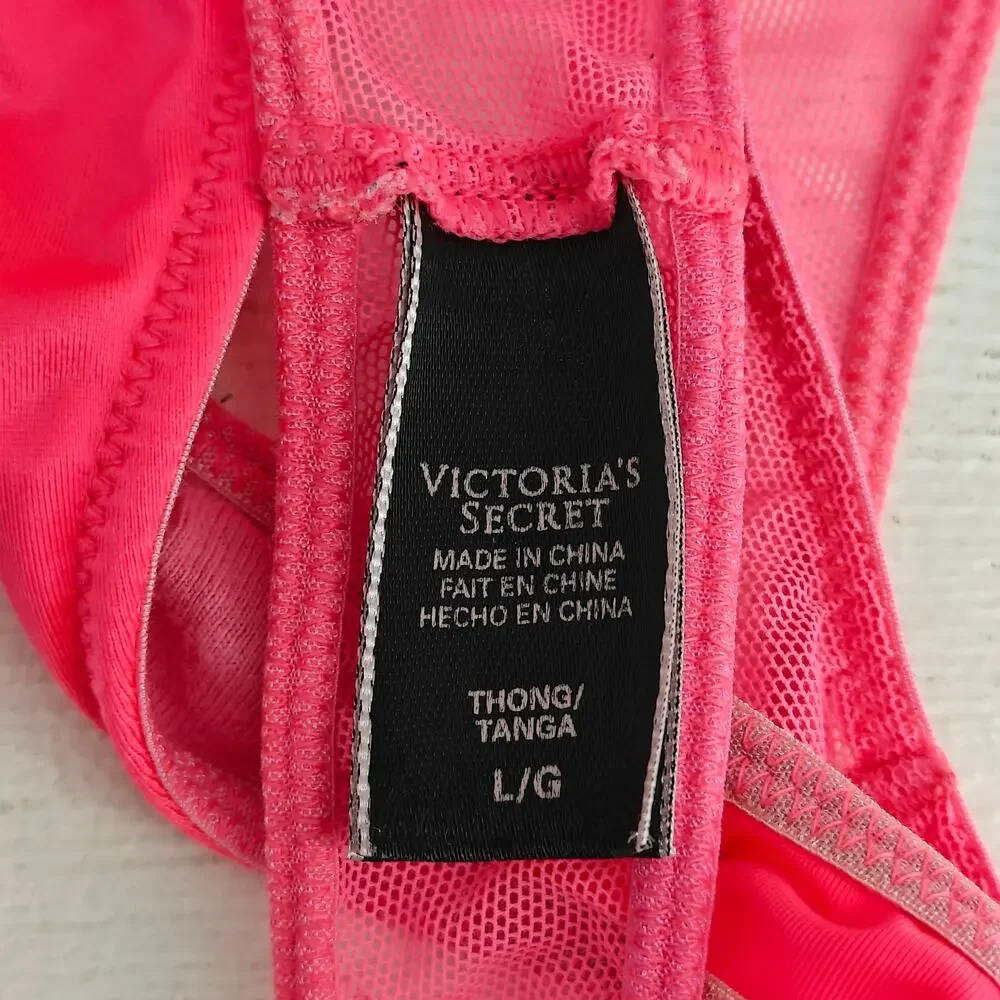 Victoria Secret Satin Neon Pink Mesh Thong Womens Large